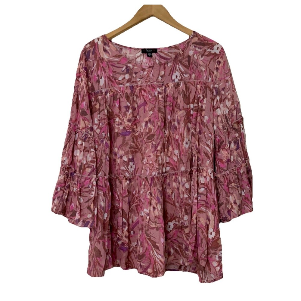 Cocomo Blouse Tunic Top Womens 1X Pink Floral Ruffle Tiered Bell Sleeve Boho